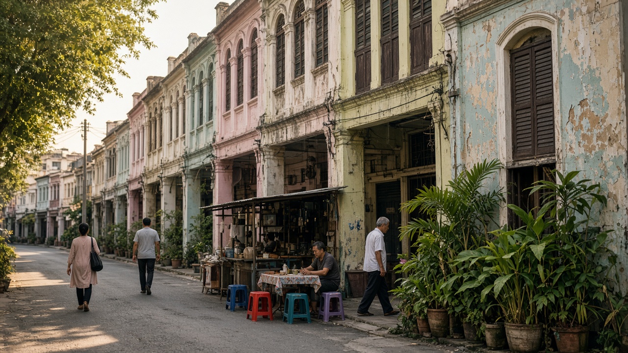 A modest shophouse street and neighborhood coffee shop in George Town.