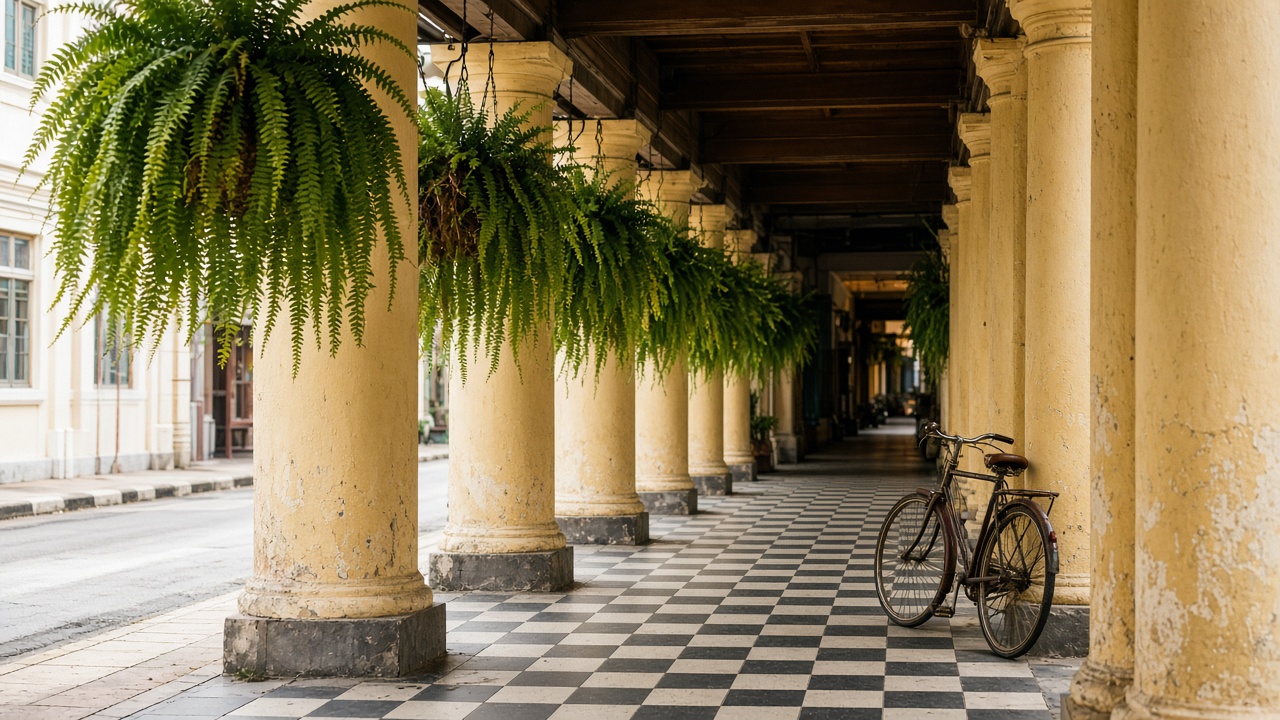 Ferns and old floor tiles along a shaded shophouse walkway.