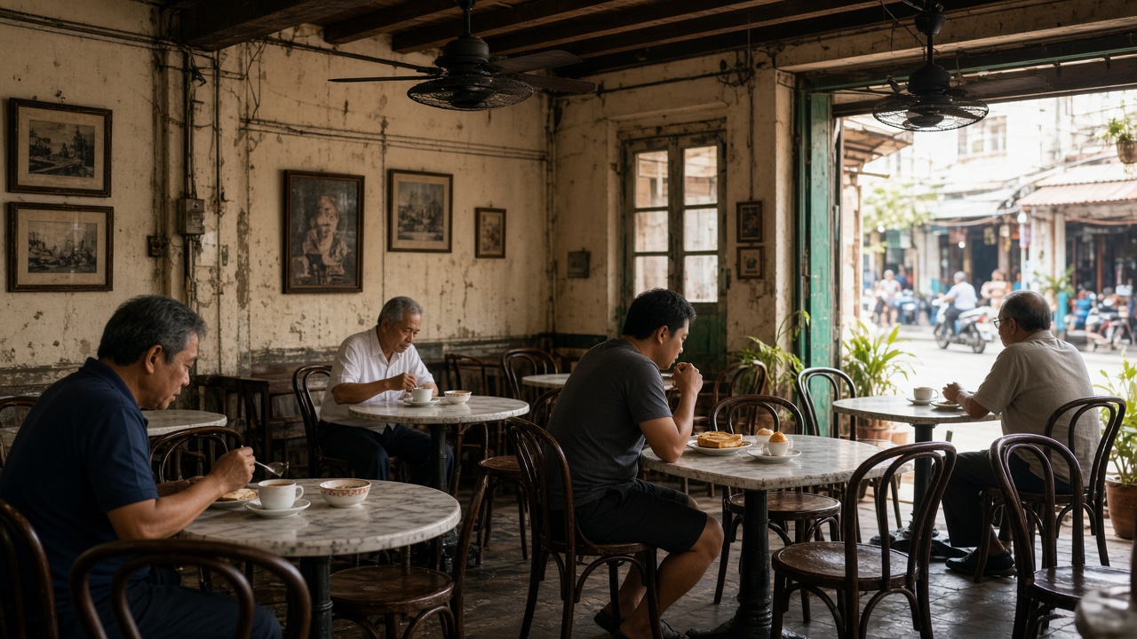 A kopitiam set for breakfast, with fans and marble tables.