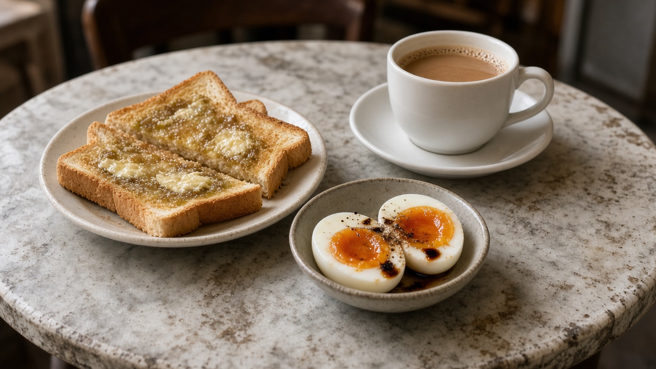 Eggs, toast, and coffee on a kopitiam table.