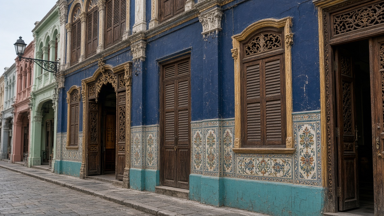 Indigo and turquoise Peranakan shophouses with tiled fronts.