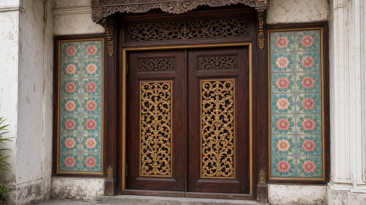 A carved Peranakan door framed by floral tiles.