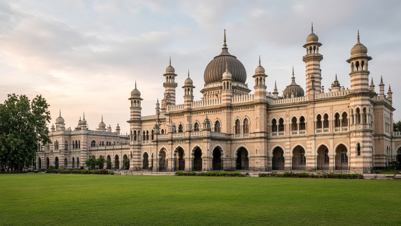 The old Kuala Lumpur railway station across its lawn.
