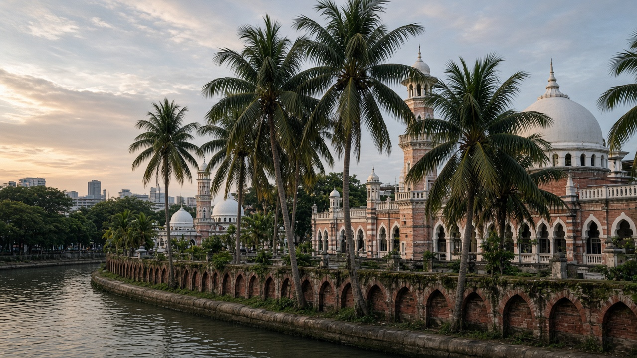 Palms and brick arches along the river by the mosque.