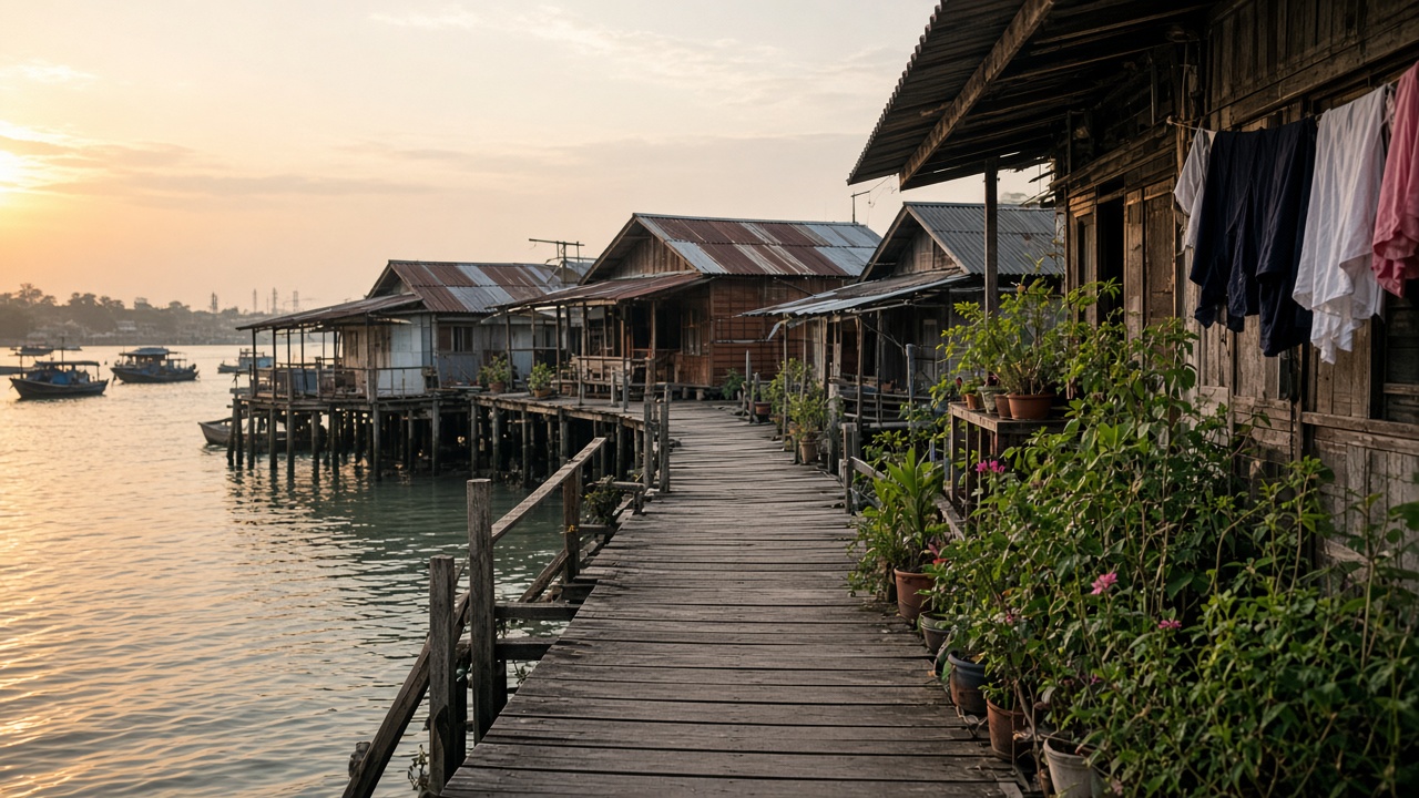 Wooden houses on stilts over the water in George Town.