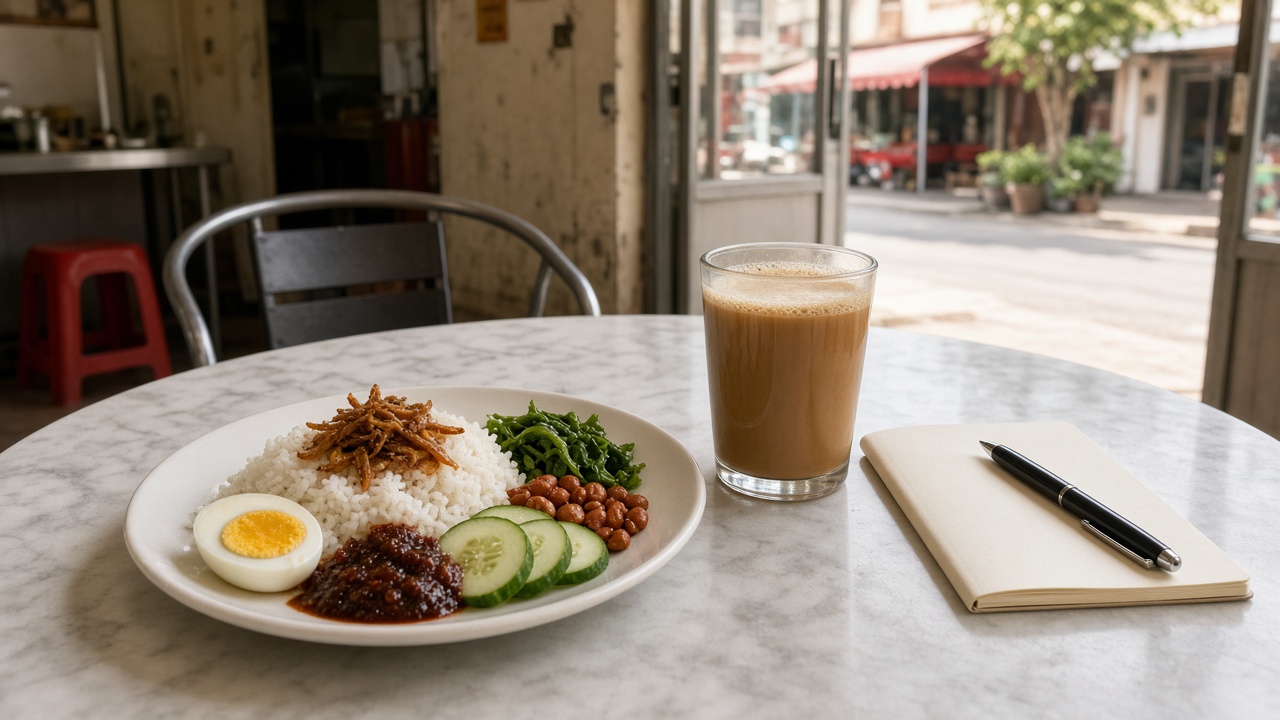 Nasi lemak and coffee on a kopitiam table beside a notebook.