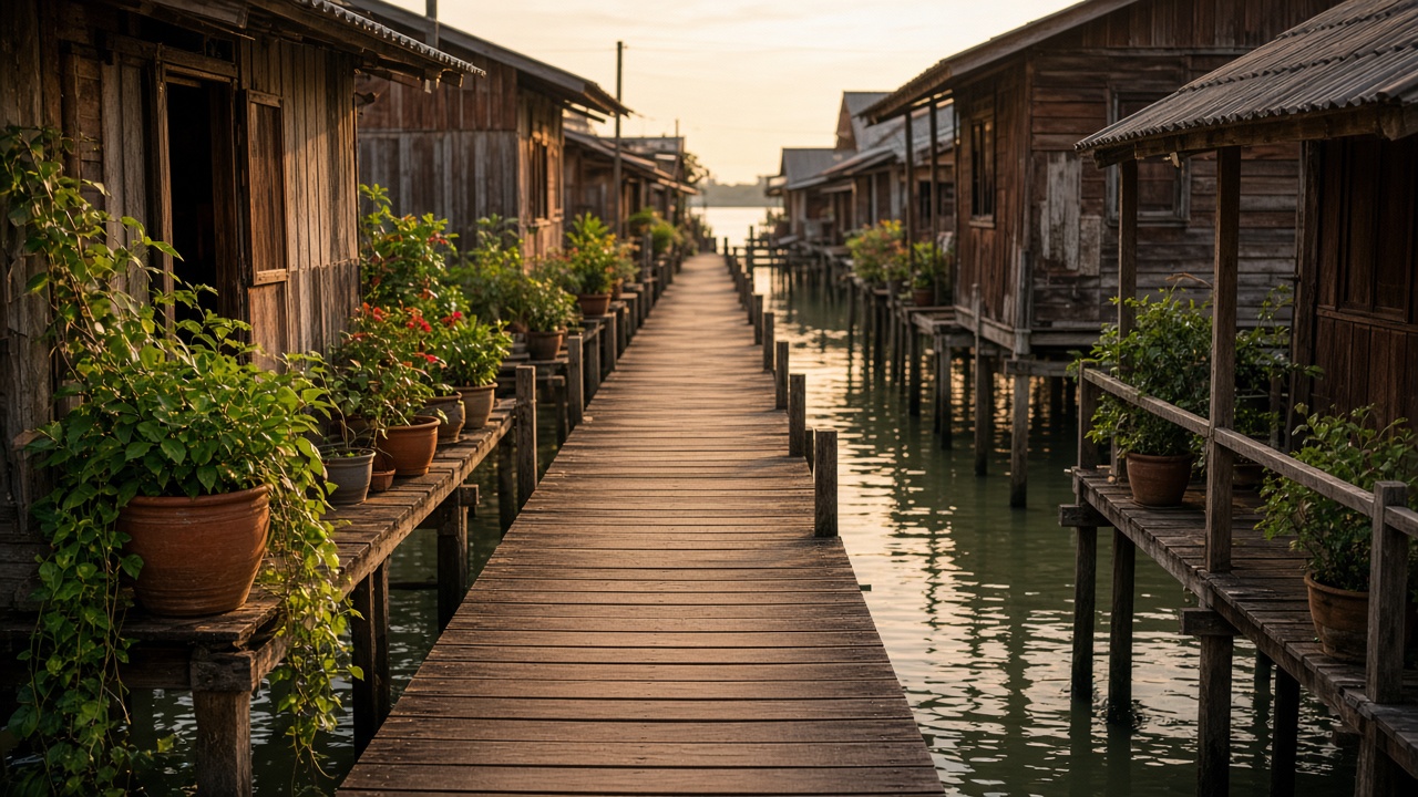 A narrow boardwalk between jetty houses.