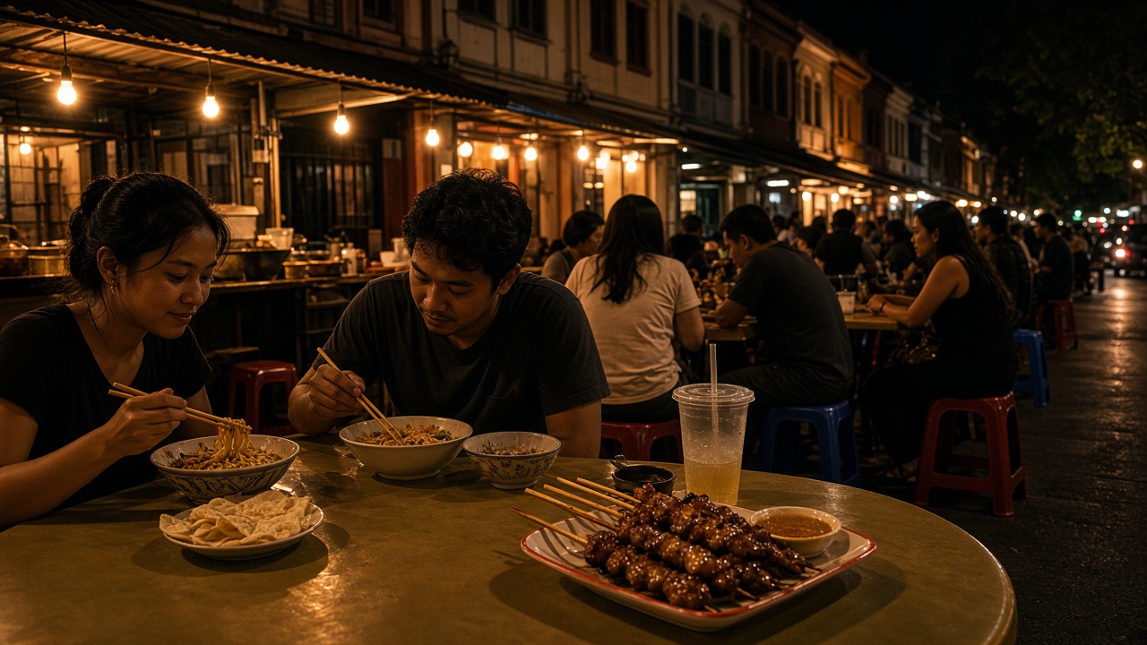 A hawker street at night, with tables under warm lights.