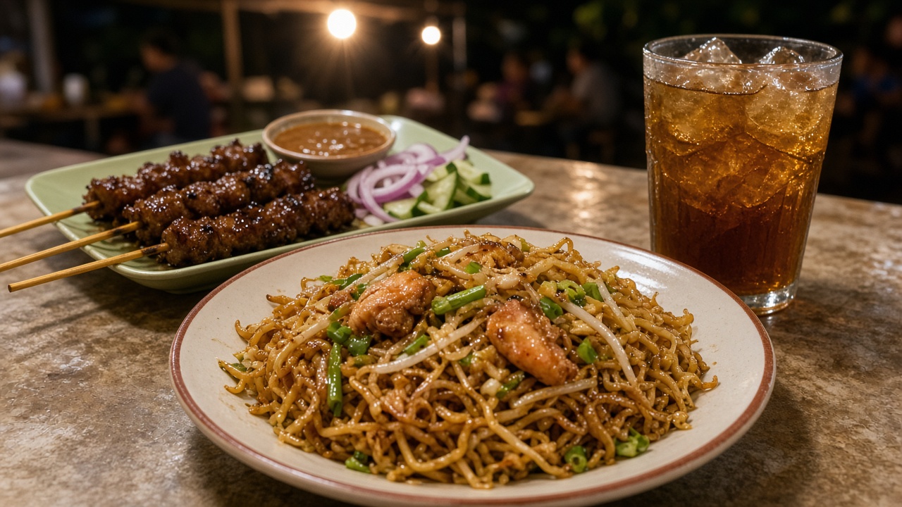 Noodles and satay on a hawker table after dark.