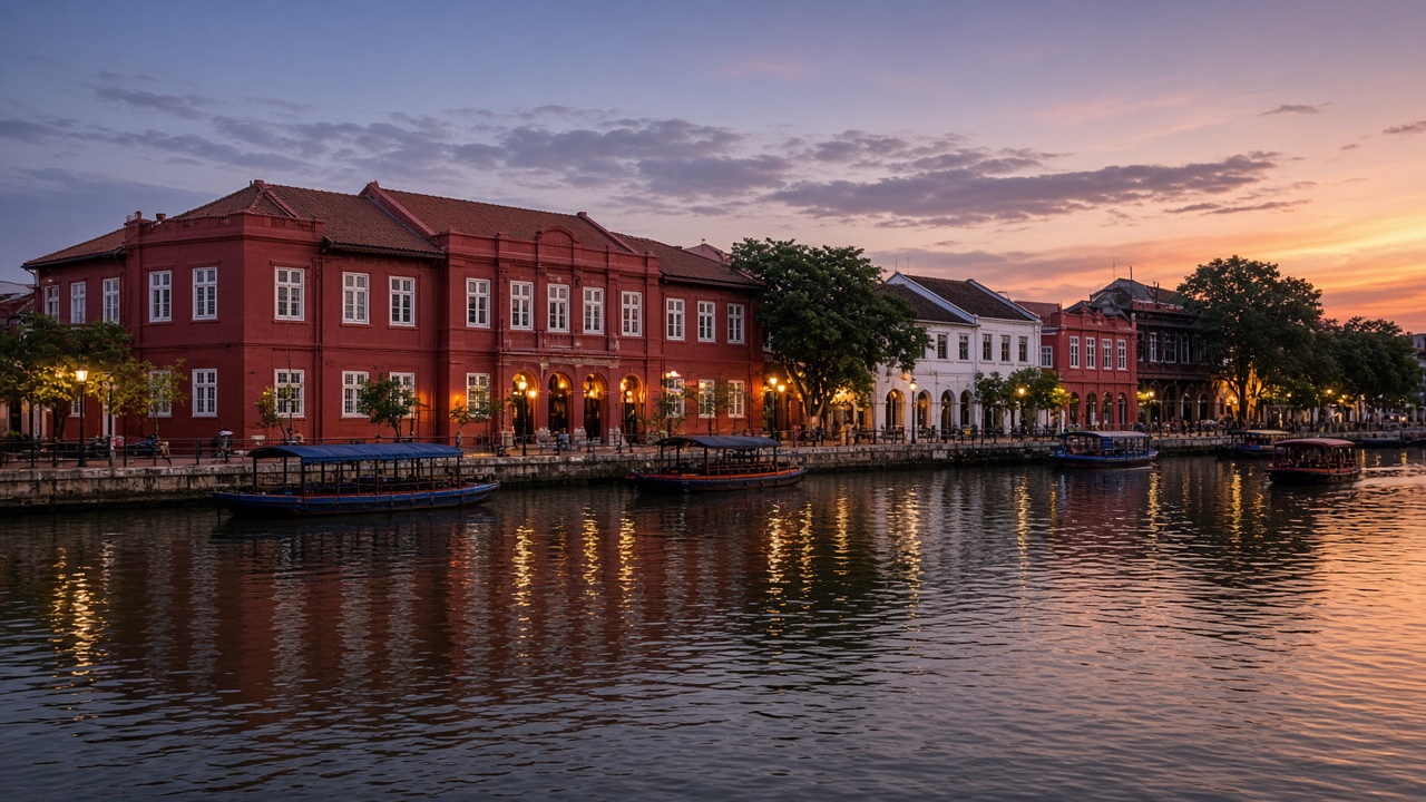 Red Dutch buildings reflected in the Malacca river at dusk.