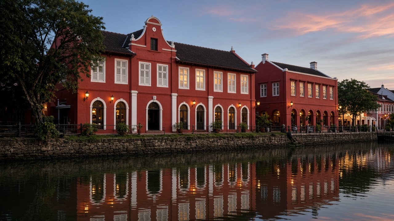 A red and white colonial facade in Malacca.