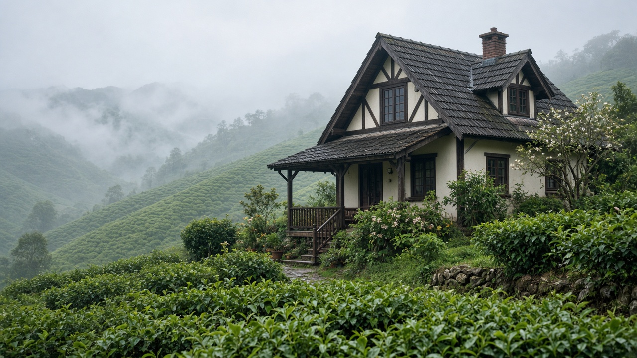 A bungalow among tea bushes in the Cameron Highlands.
