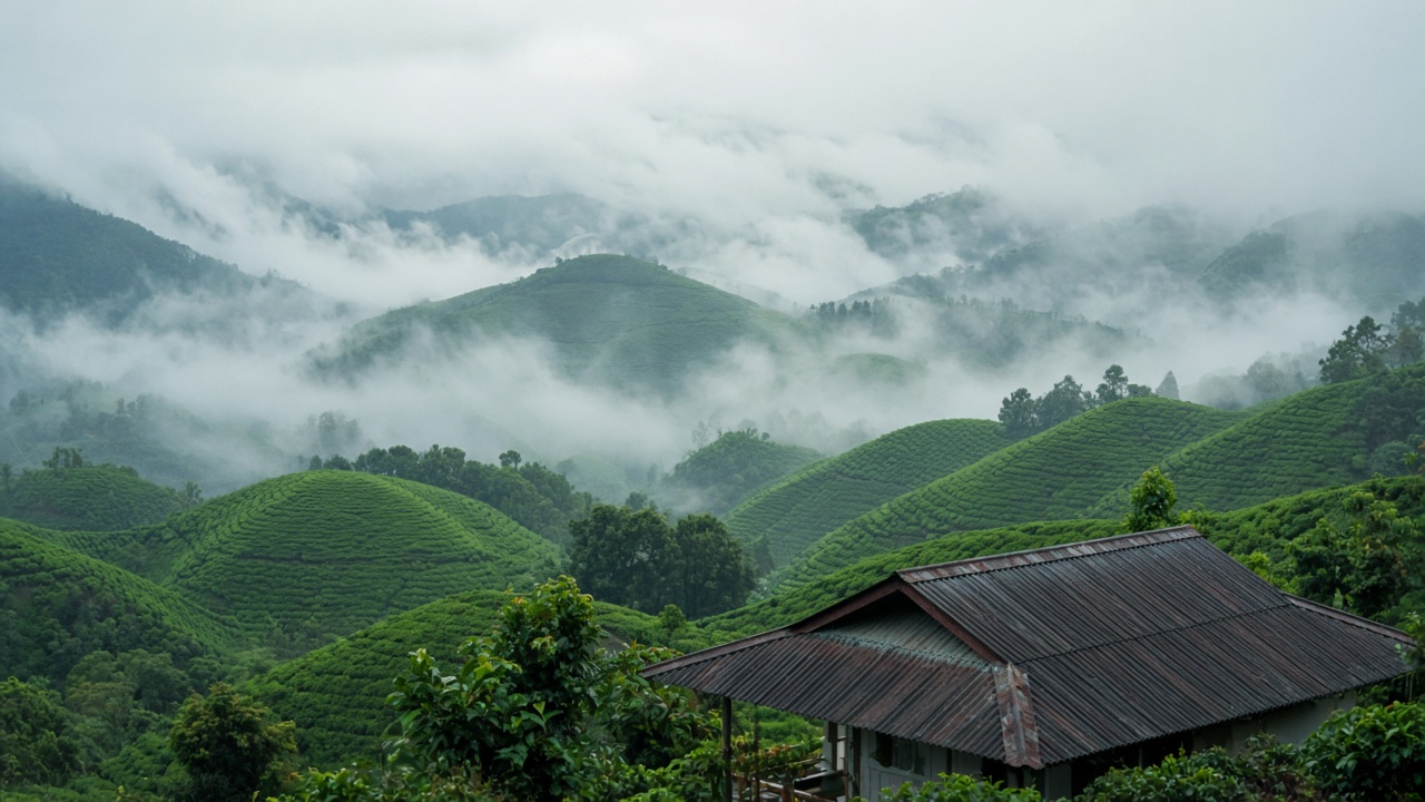 Tea terraces in morning mist in the Cameron Highlands.