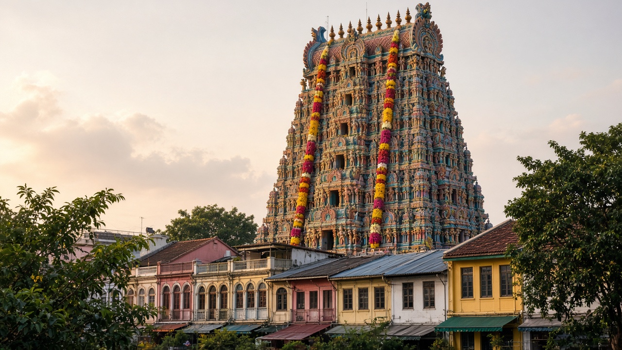 A temple tower above shophouses in George Town.