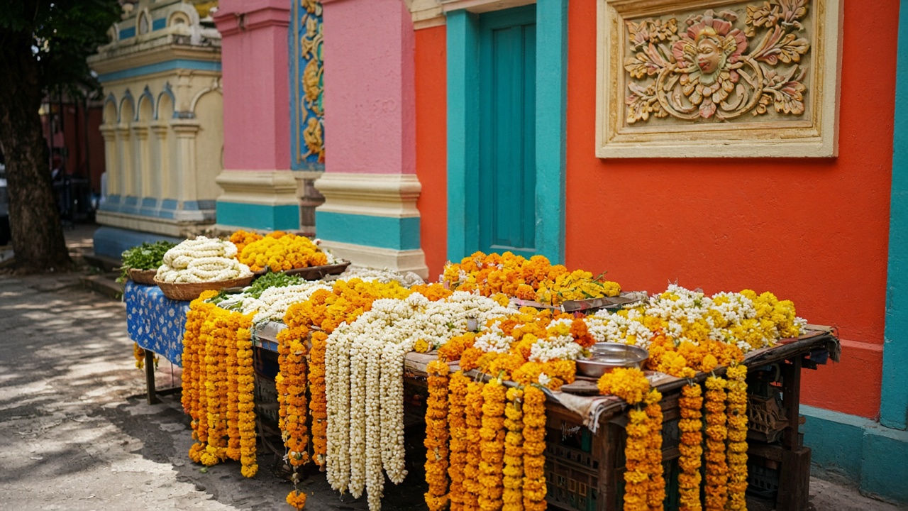 Flower garlands for sale beside a temple wall.