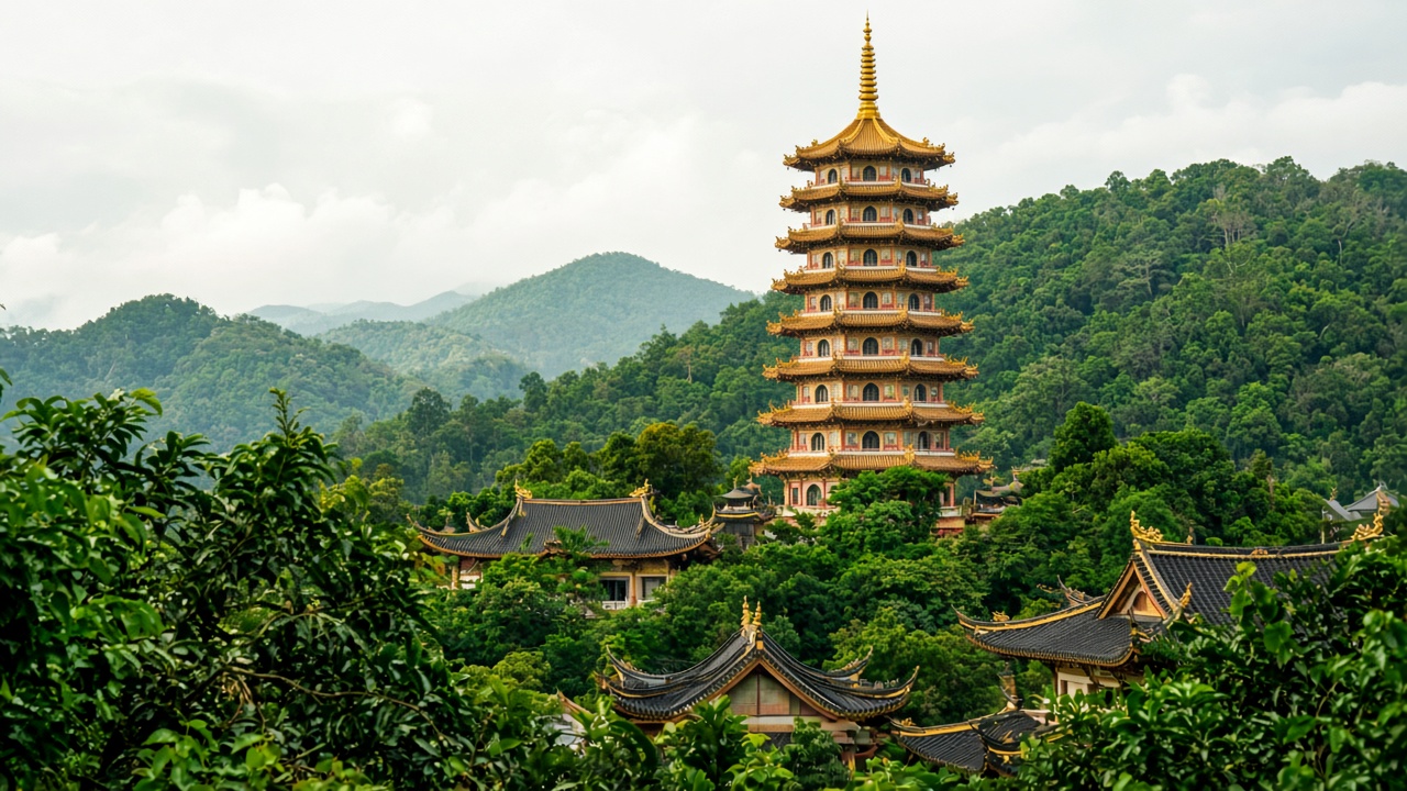 The pagoda of Kek Lok Si on a green Penang hill.