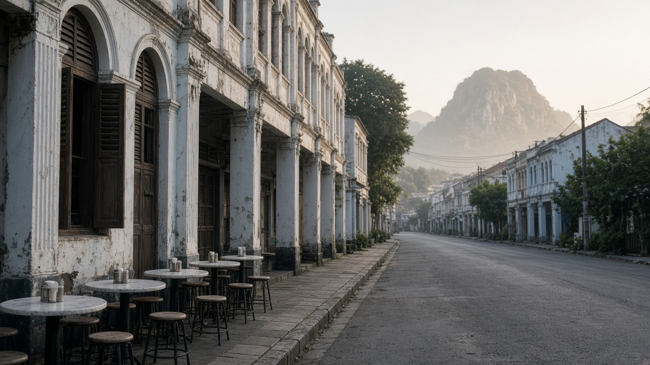 An old-town street of shophouses in Ipoh, with limestone hills beyond.