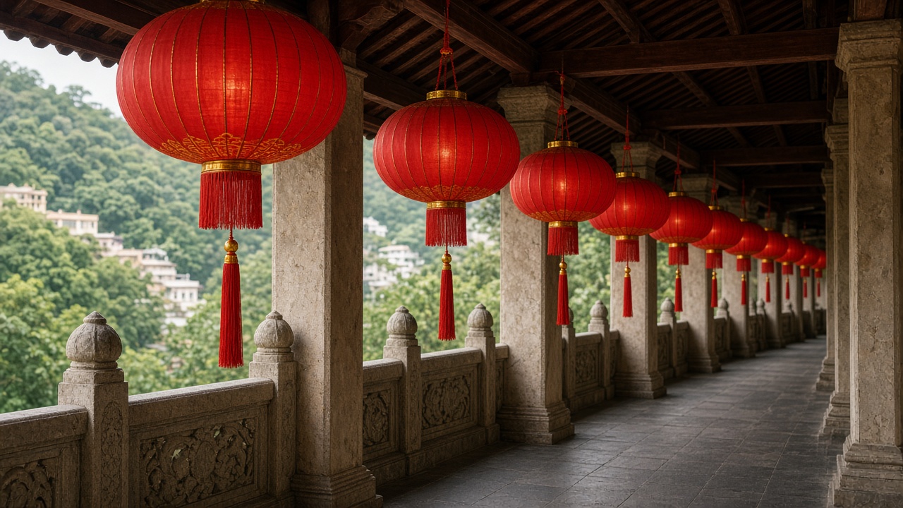 Lanterns along a covered walk at Kek Lok Si.