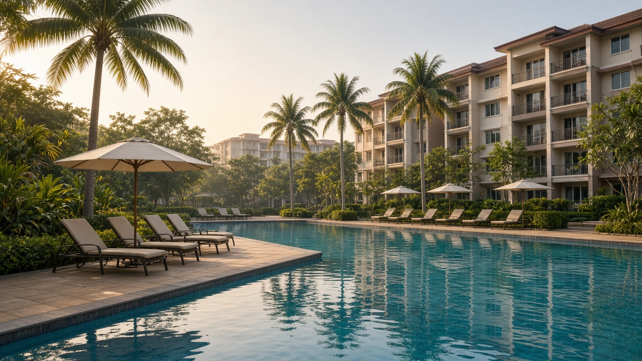 An empty condo pool in early morning light.