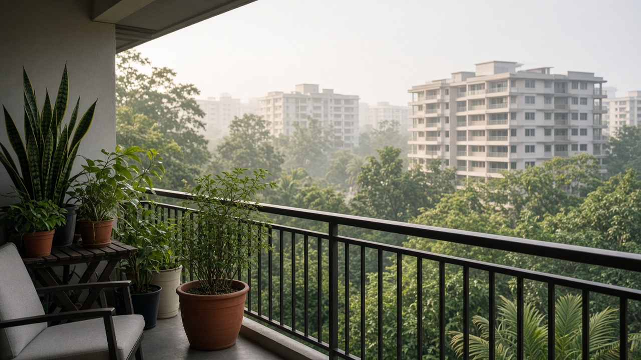 Plants on a condo balcony above mid-rise apartments.