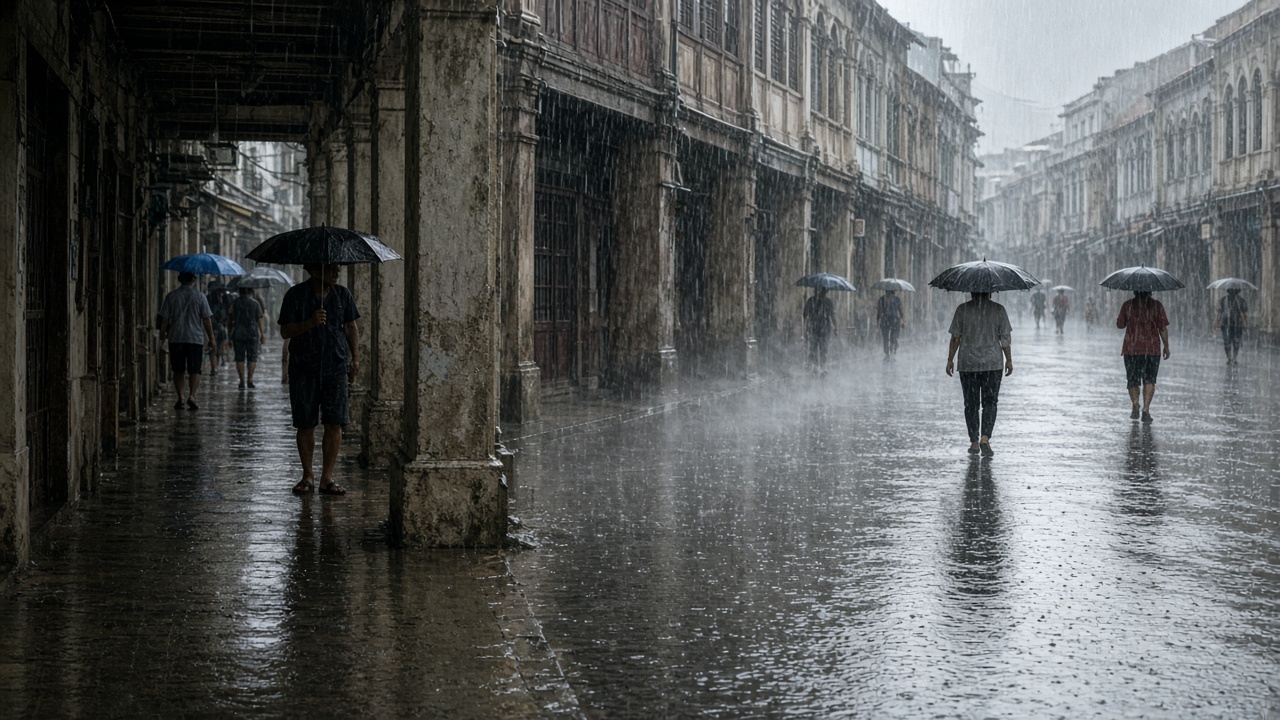 A downpour along a shophouse street, with umbrellas under the walkway.