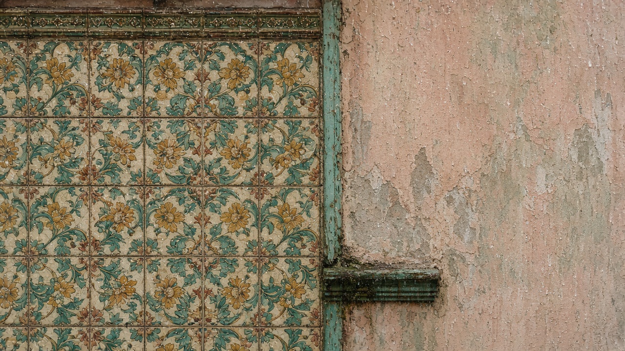 Rain on the decorative tiles of a shophouse wall.