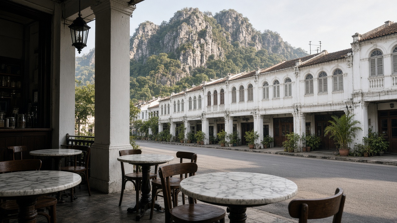 Ipoh old town in the morning, with limestone hills beyond.