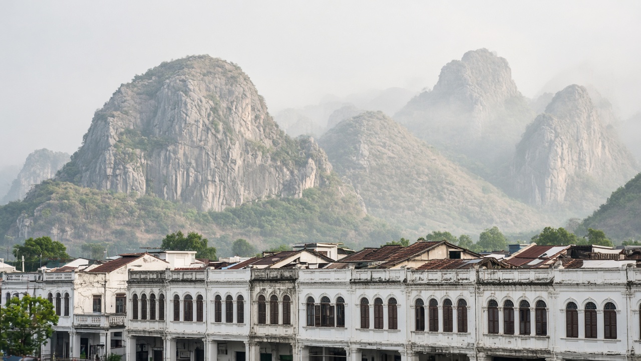 Limestone hills behind Ipoh's old shophouses.
