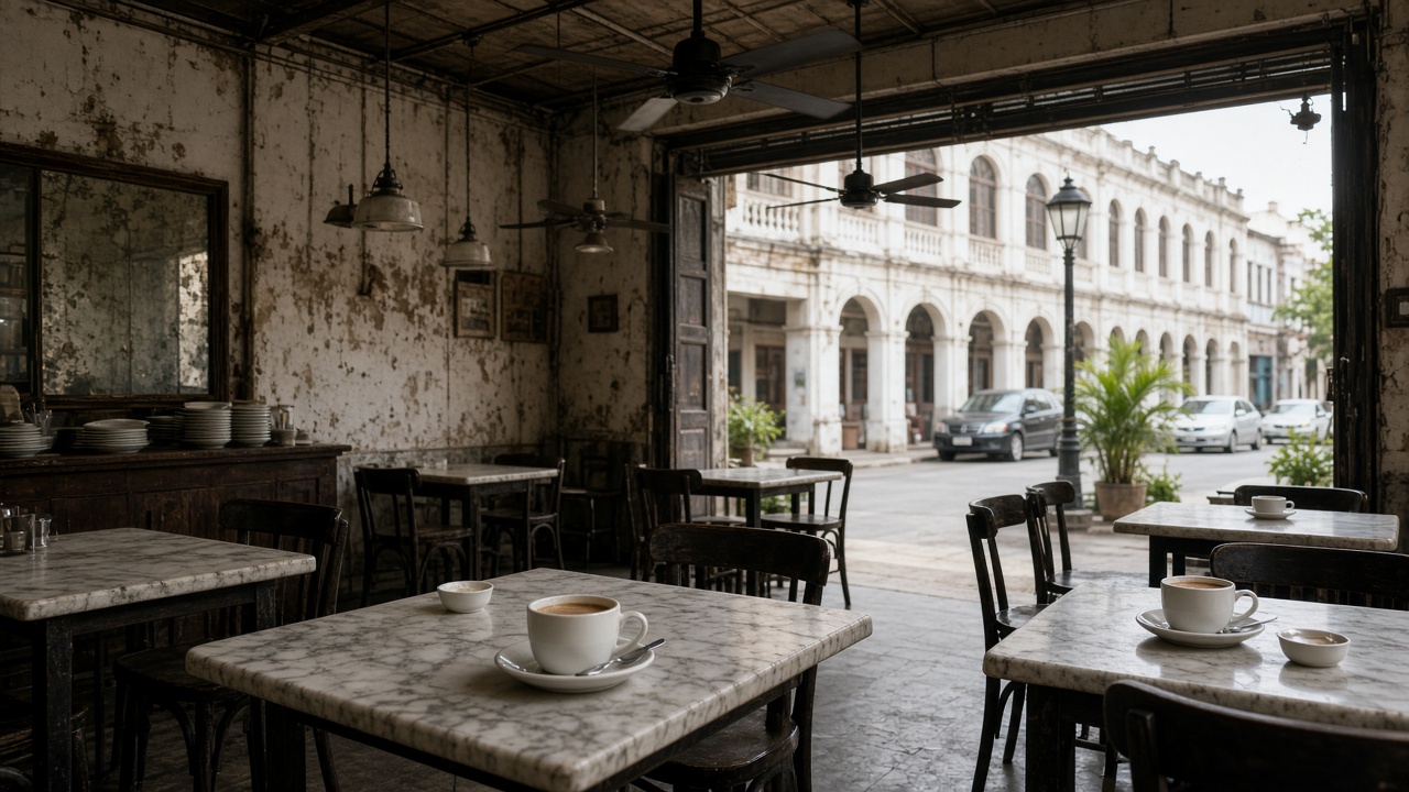 Marble tables in an Ipoh coffee shop.
