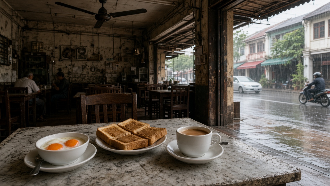 Breakfast at a kopitiam as rain starts on the street.