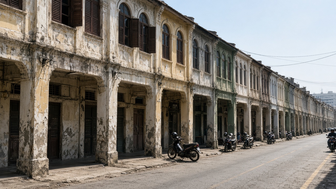 An older street of shophouses in Johor Bahru.