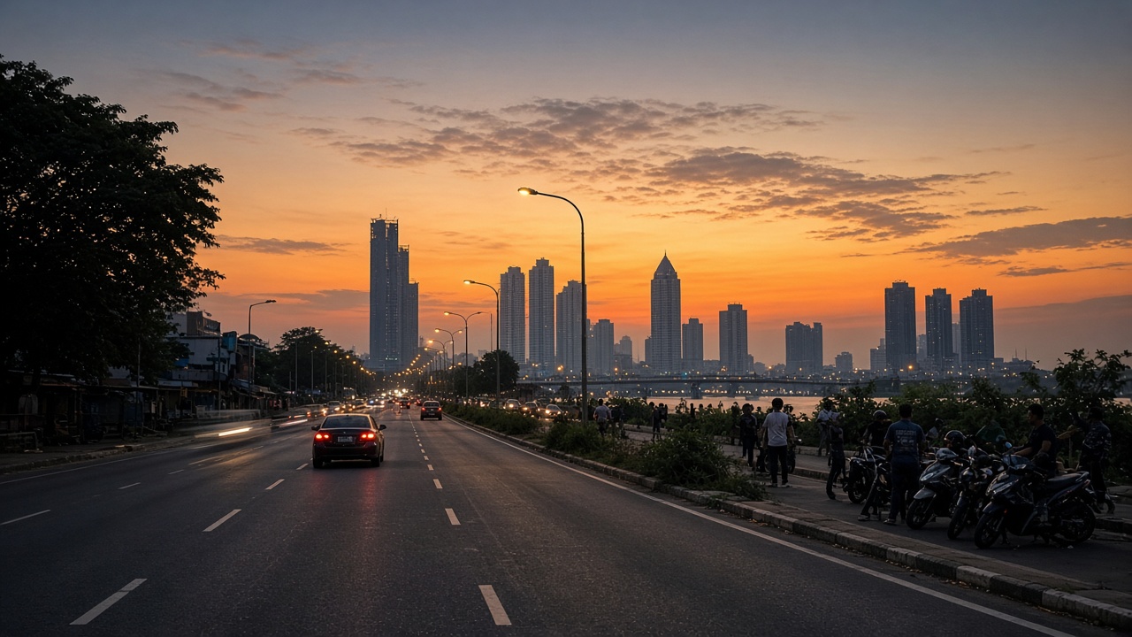 Johor Bahru toward evening, with towers in the distance.