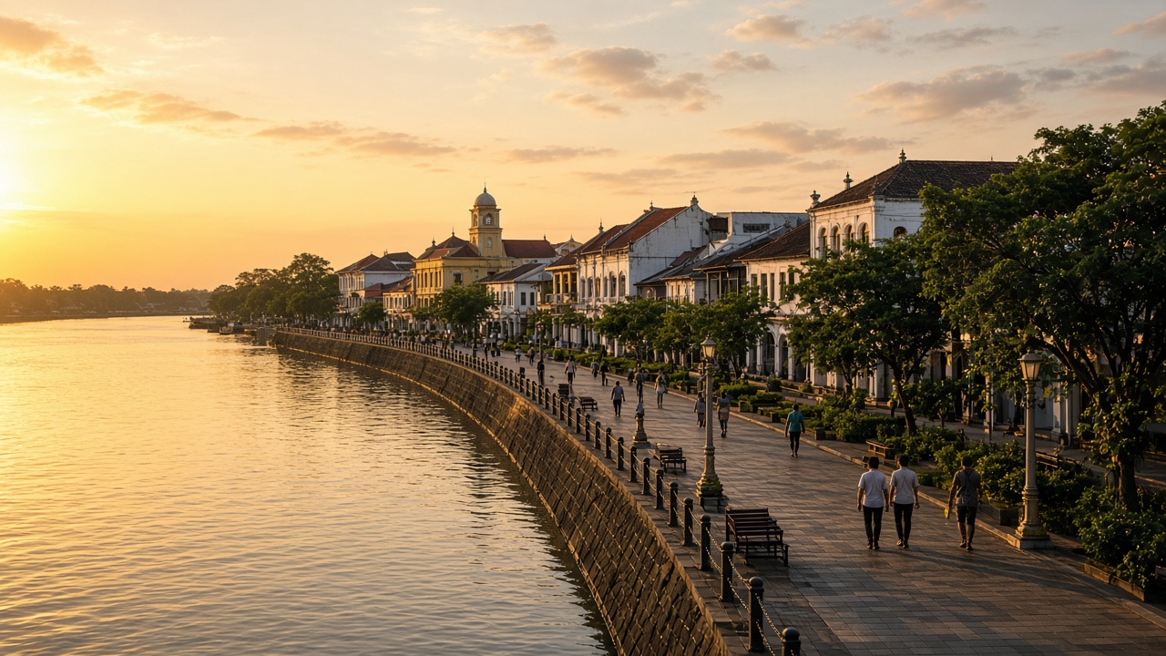 The Kuching waterfront along the river in late light.