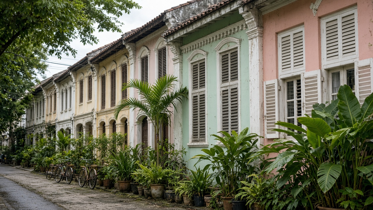 Pastel shophouses on a Kuching side street.