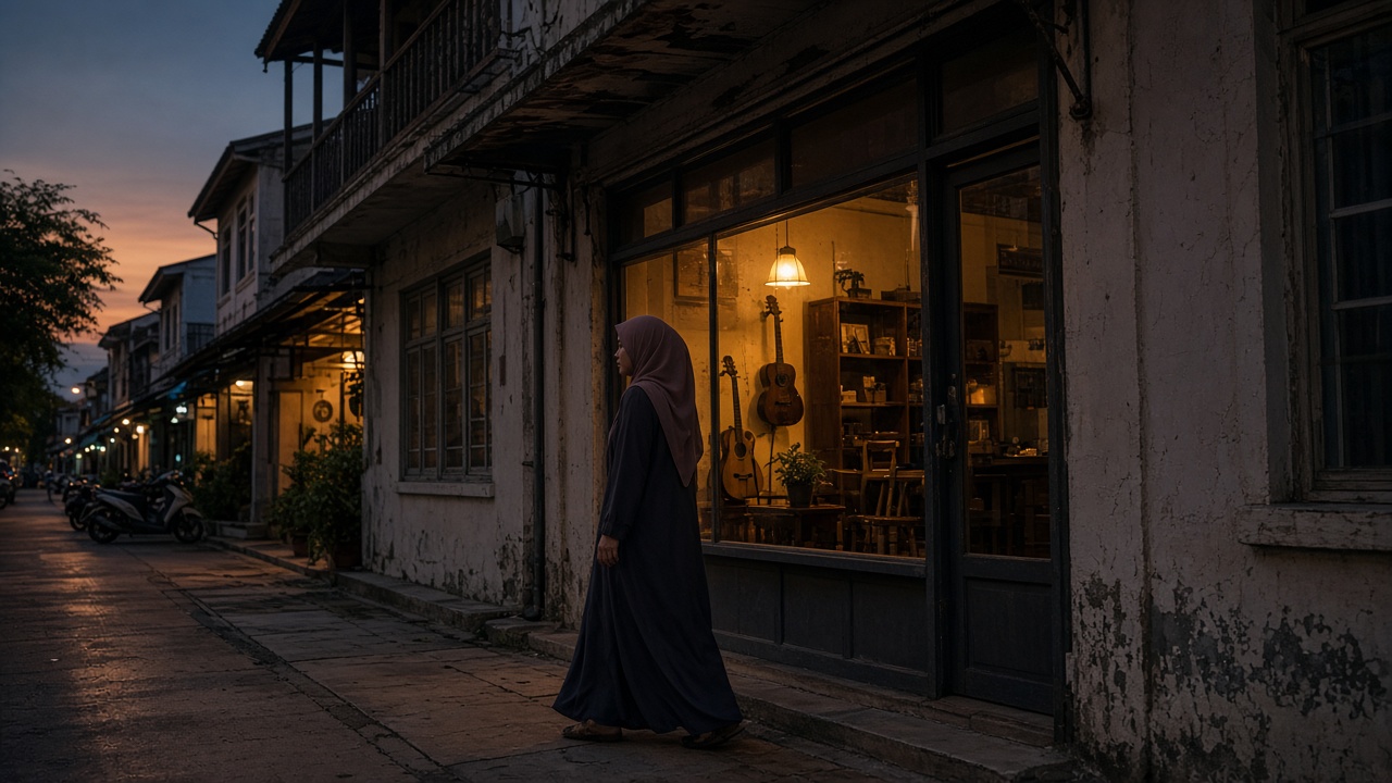 A small-city Malaysian street as the evening lights come on.