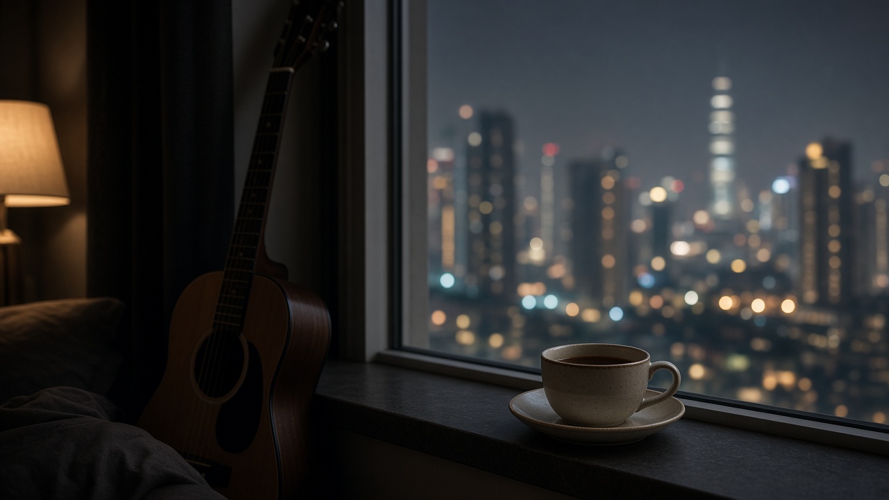 A night window above Kuala Lumpur, with a guitar on the sill.