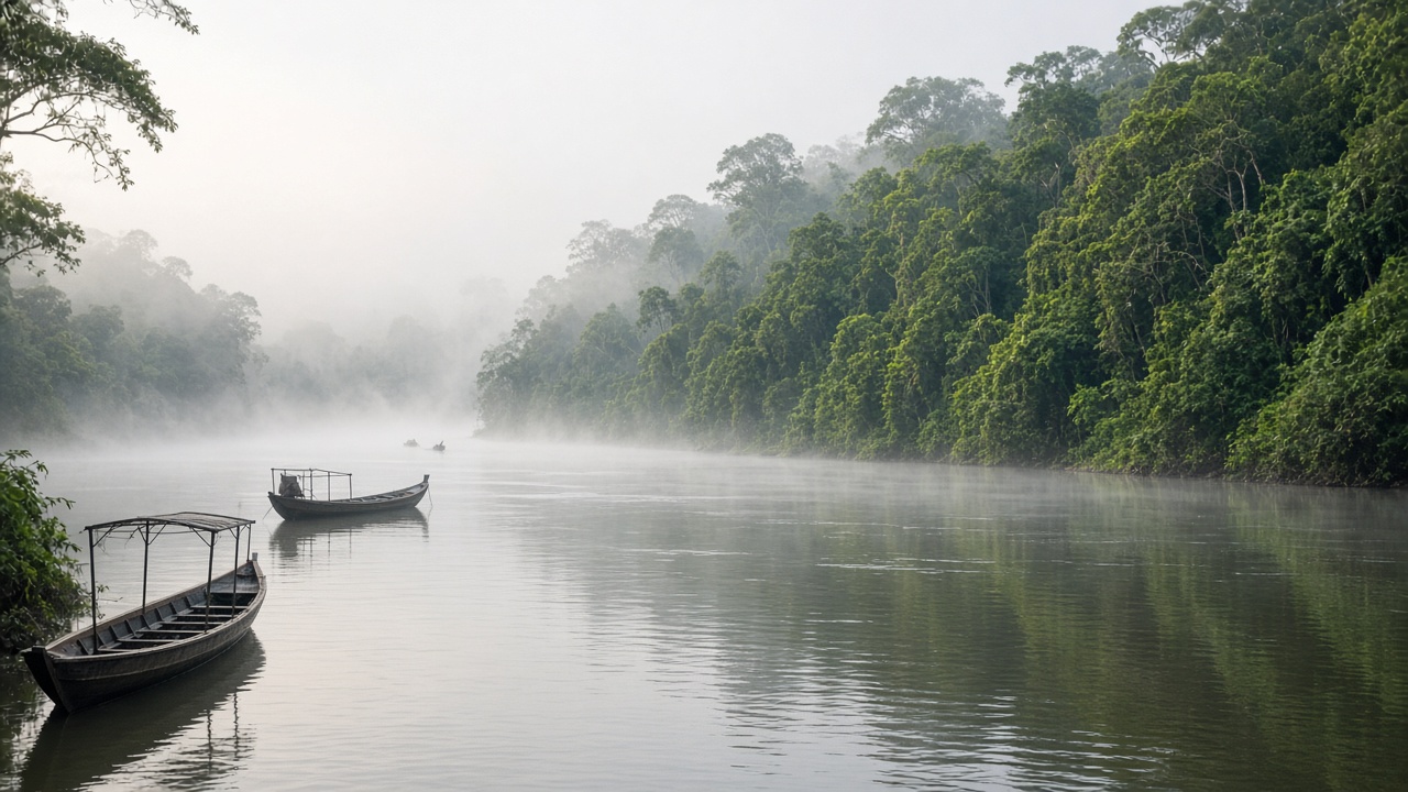 A misty river and rainforest bank in Sarawak.