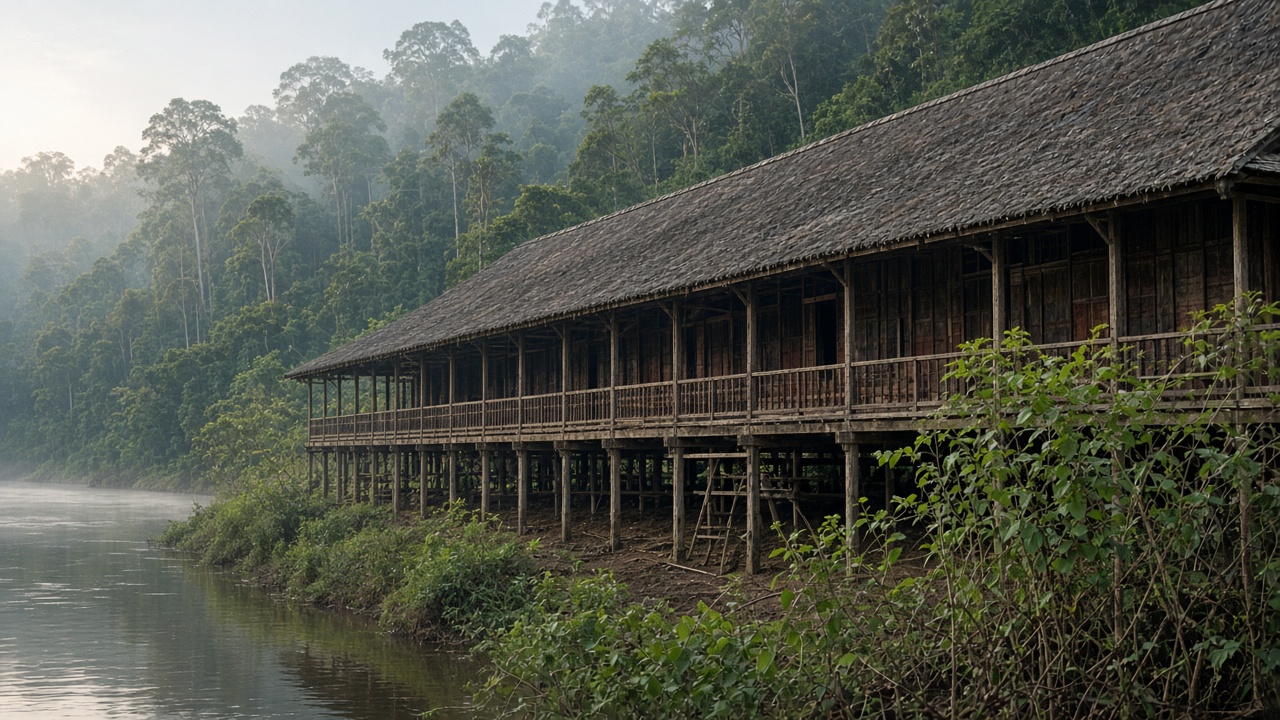 A timber longhouse beside a Sarawak river.