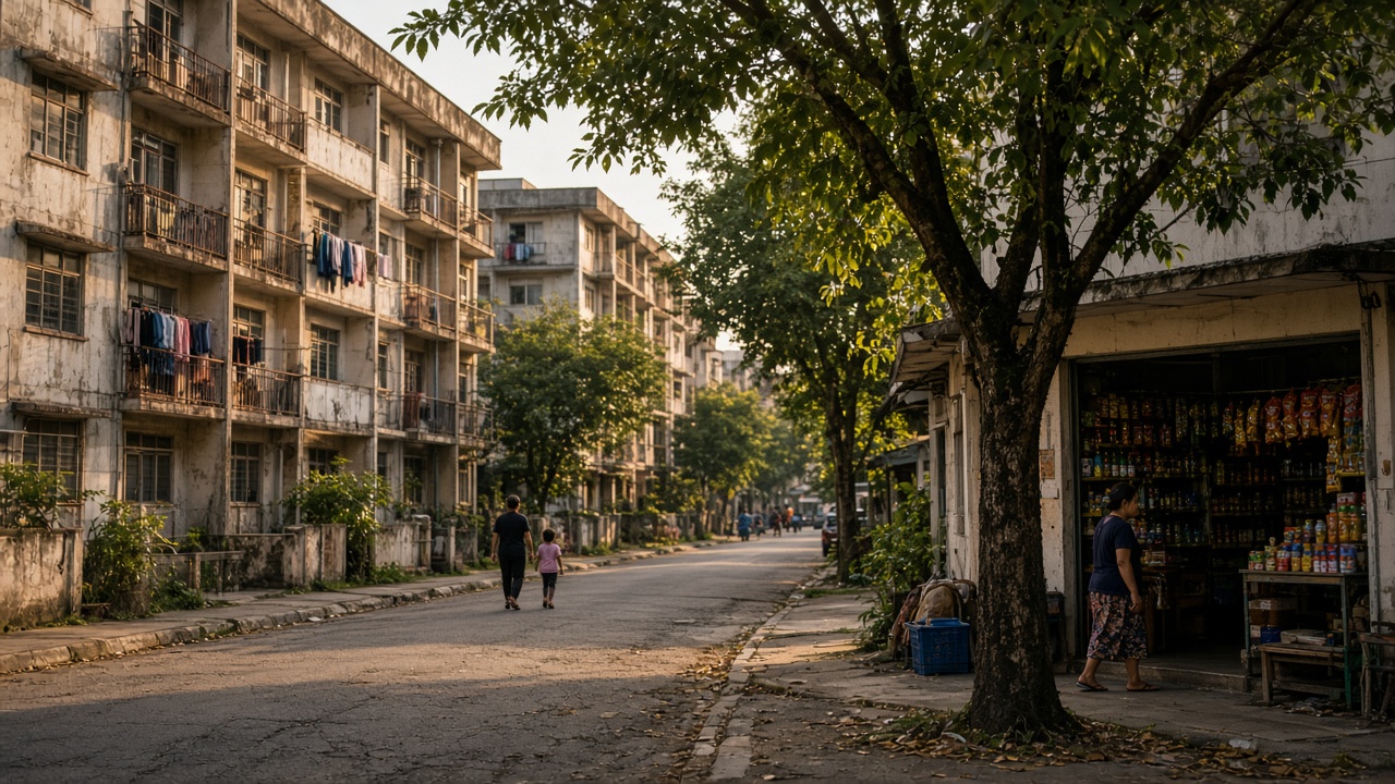 A modest neighborhood of walk-up apartments and small shops.