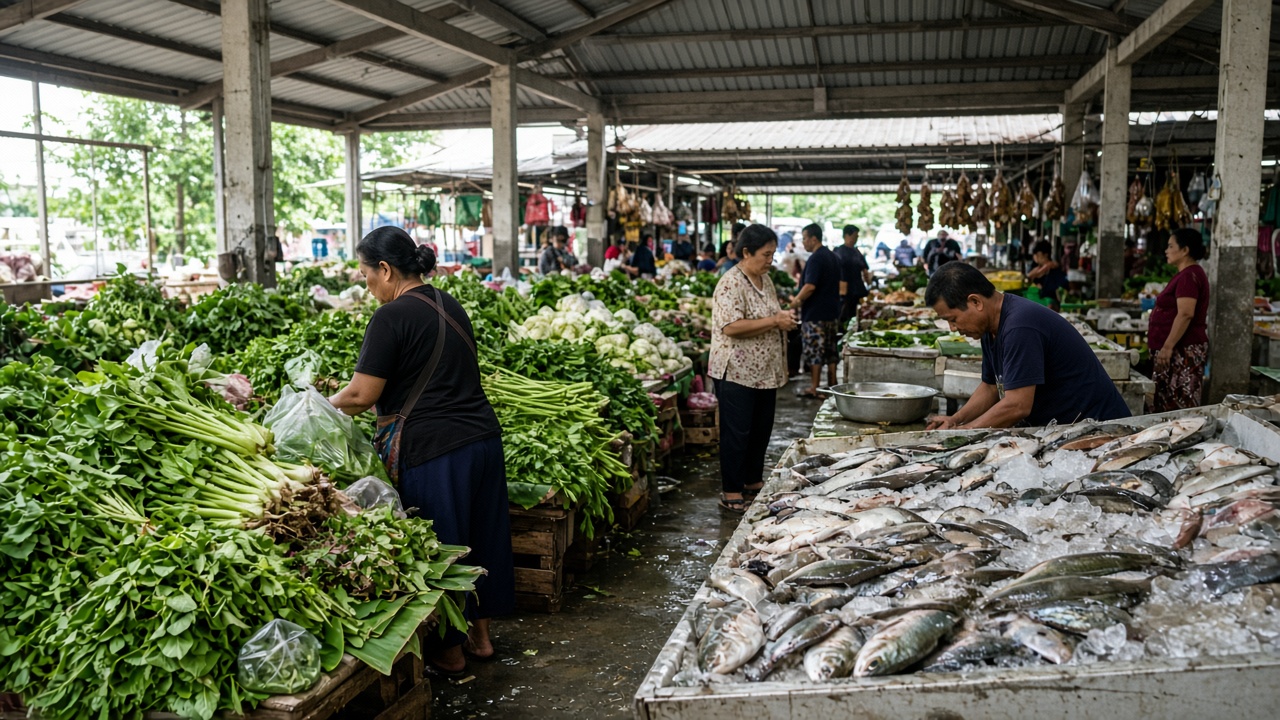 A morning wet market with greens and fish.