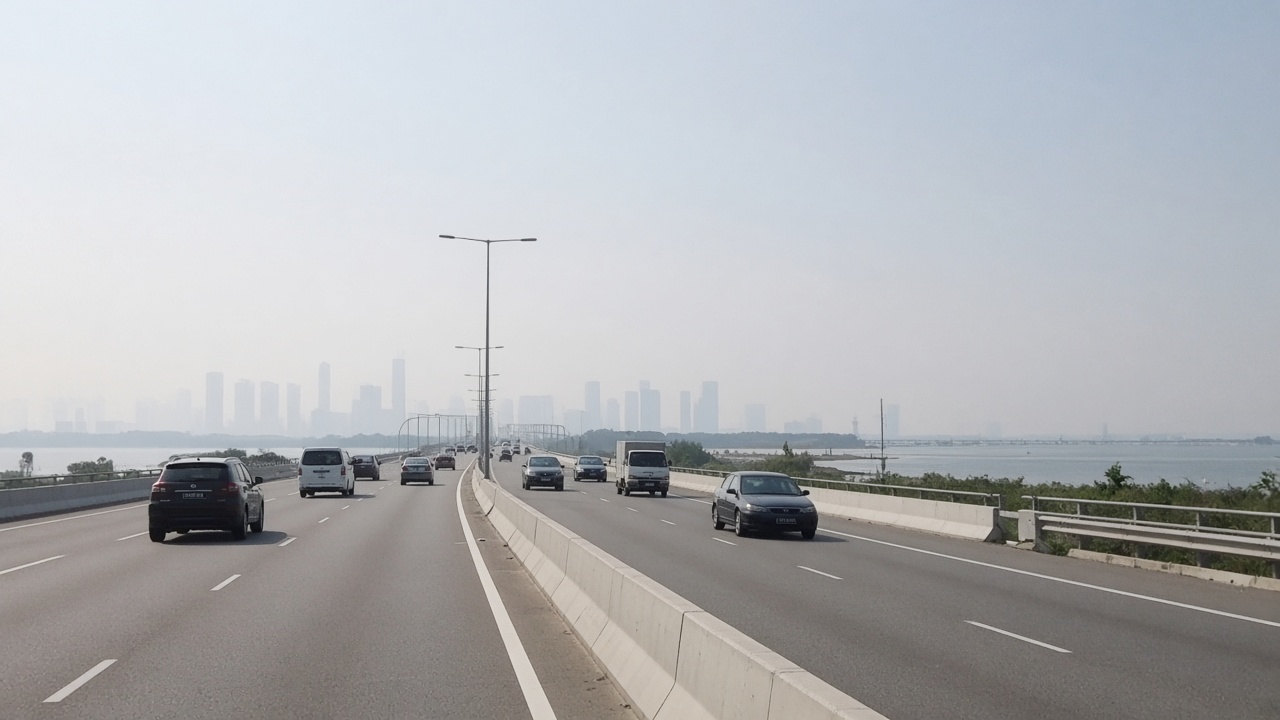 The causeway side of Johor Bahru in midday haze.