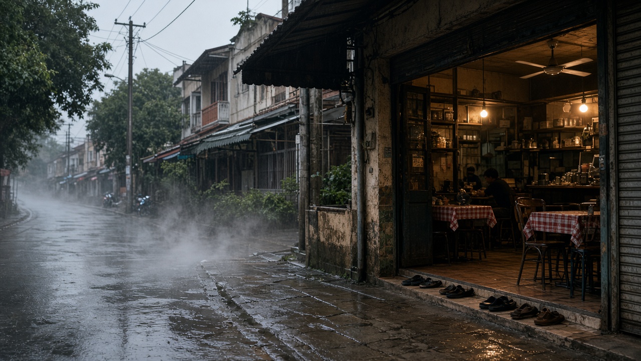 A street steaming after rain, with a kopitiam lit behind it.