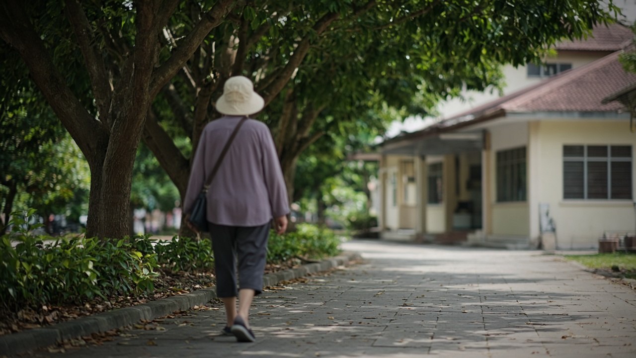 An early walk on a shaded sidewalk near a clinic.