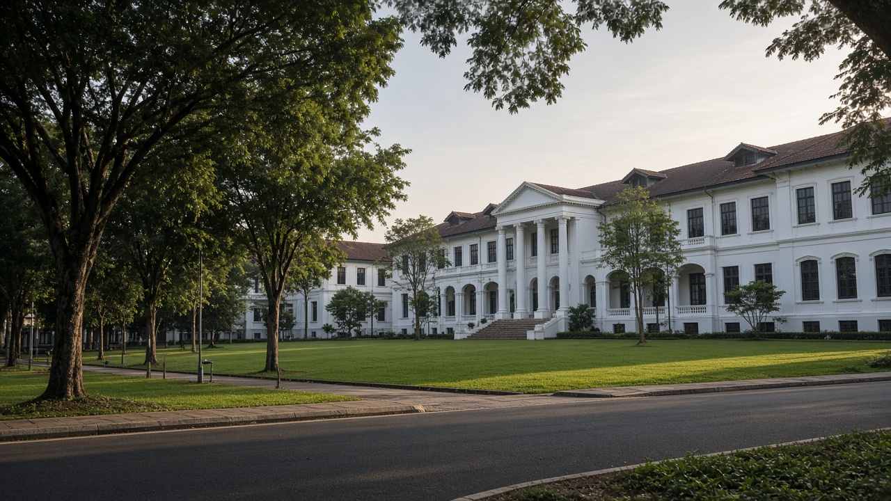 A quiet civic street of white buildings and lawns.