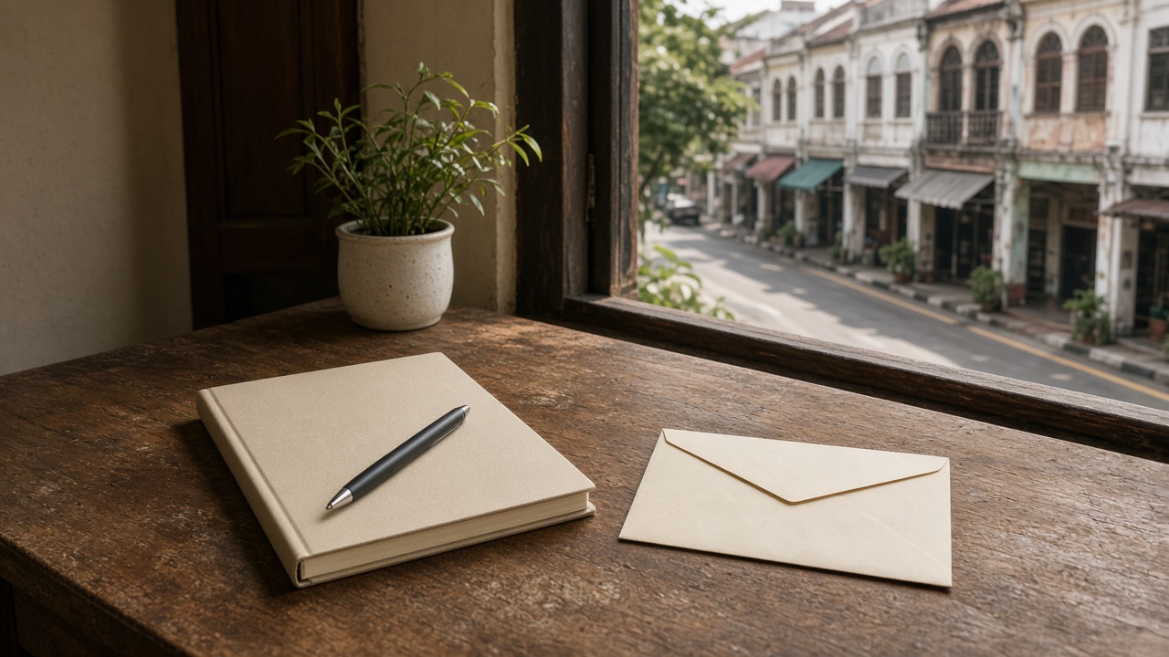 A notebook and envelope on a desk by a window.