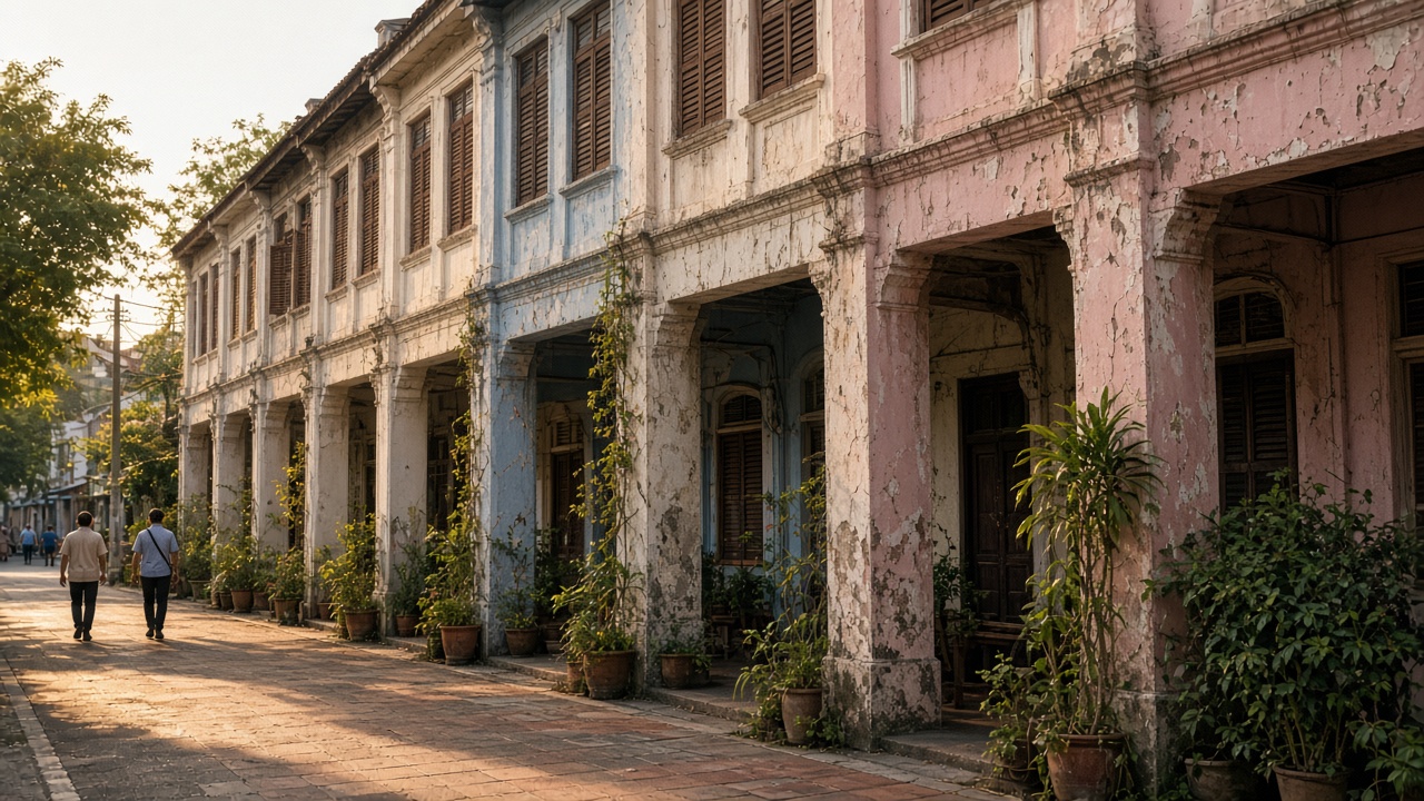 Pastel shophouses on a George Town street in late-afternoon light.