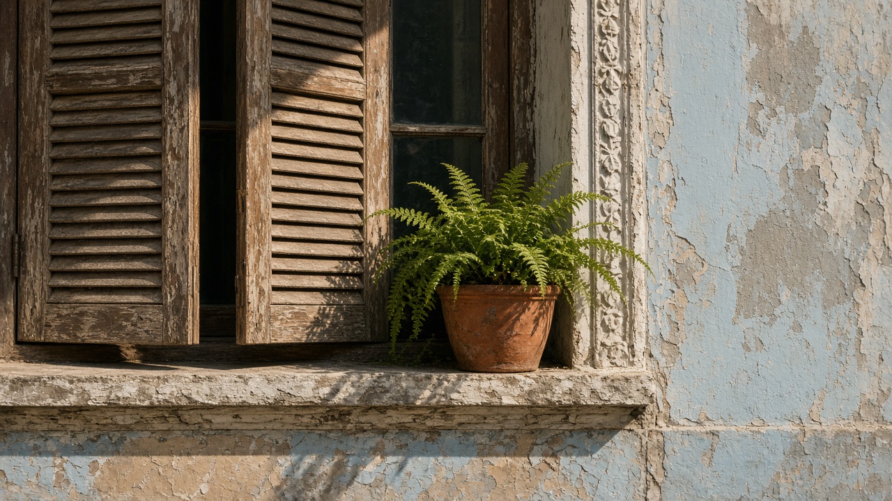 Weathered wooden shutters and a fern on a shophouse window.